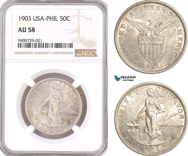 AF983, Philippines (US Administration) 50 Centavos 1903, Silver, NGC AU58