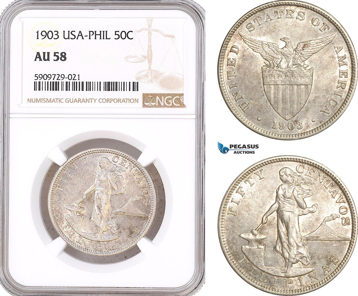 AF983, Philippines (US Administration) 50 Centavos 1903, Silver, NGC AU58