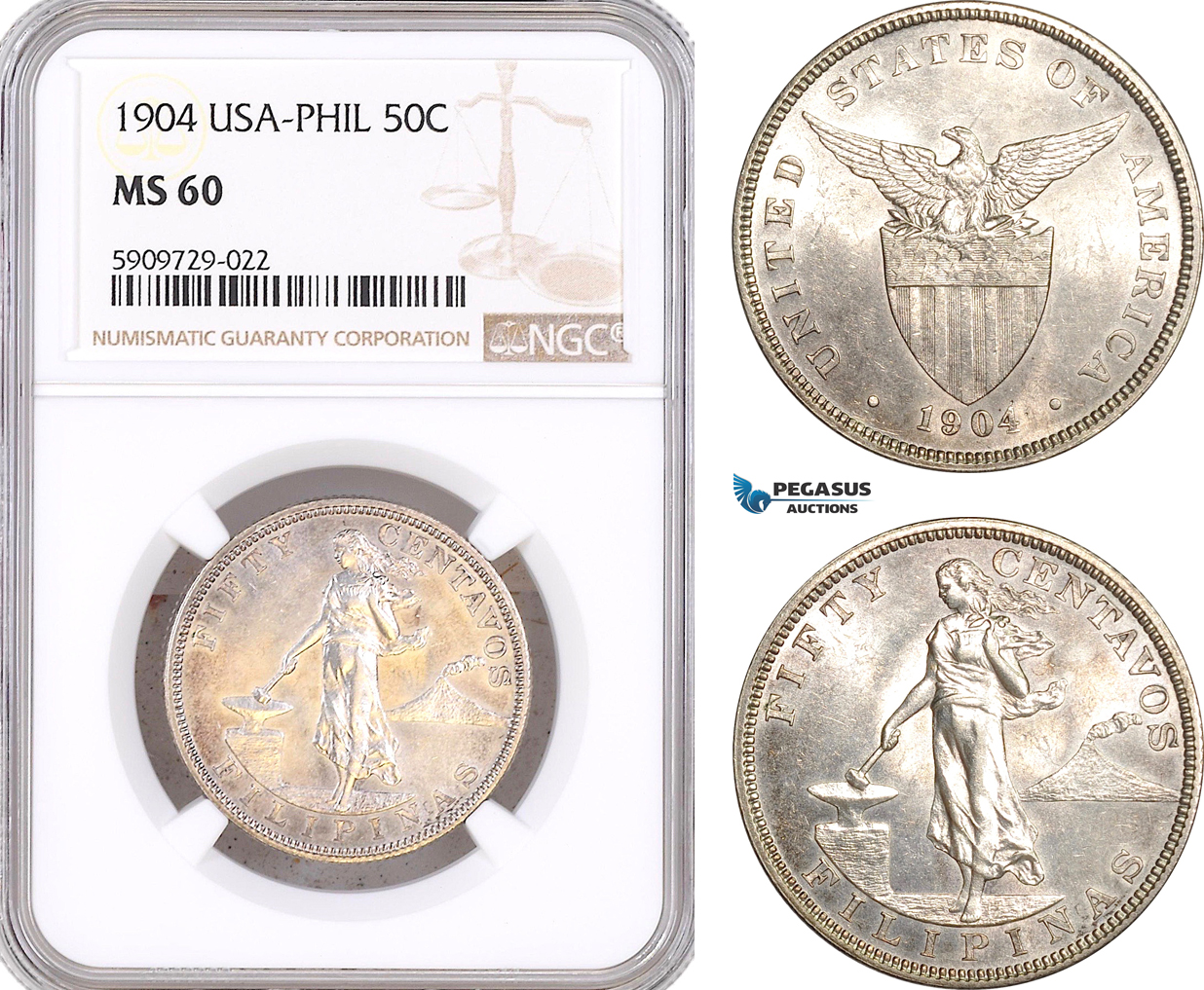 AF984, Philippines (US Administration) 50 Centavos 1904, Silver, NGC MS60