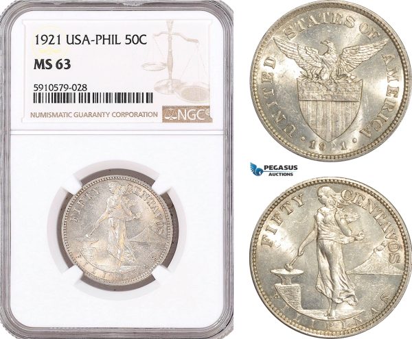 AF985, Philippines (US Administration) 50 Centavos 1921, Silver, NGC MS63