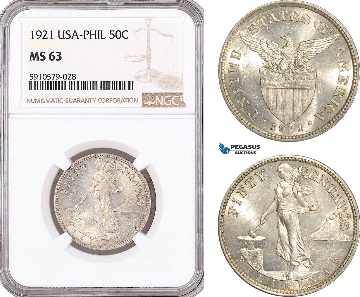 AF985, Philippines (US Administration) 50 Centavos 1921, Silver, NGC MS63
