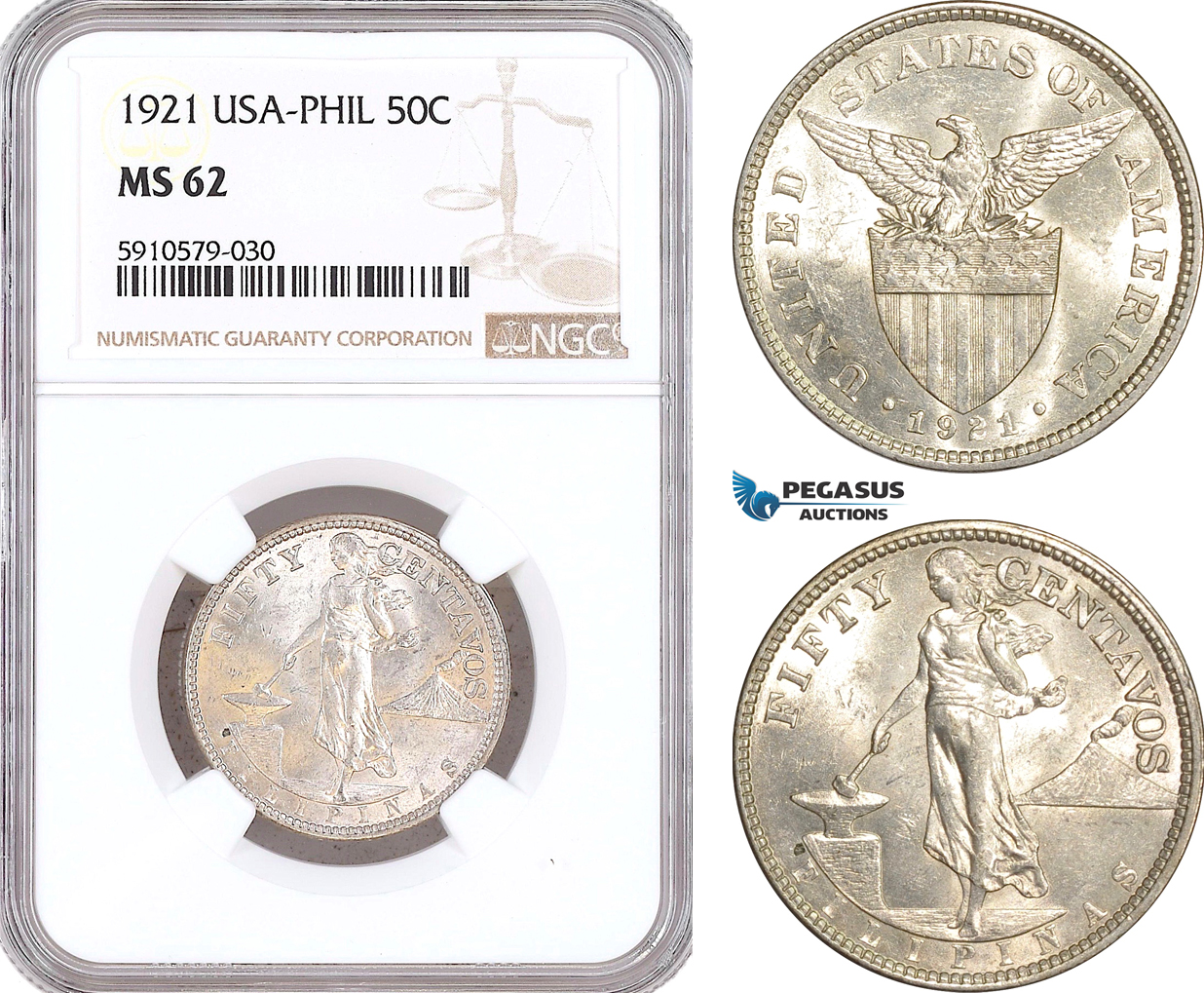 AF987, Philippines (US Administration) 50 Centavos 1921, Silver, NGC MS62