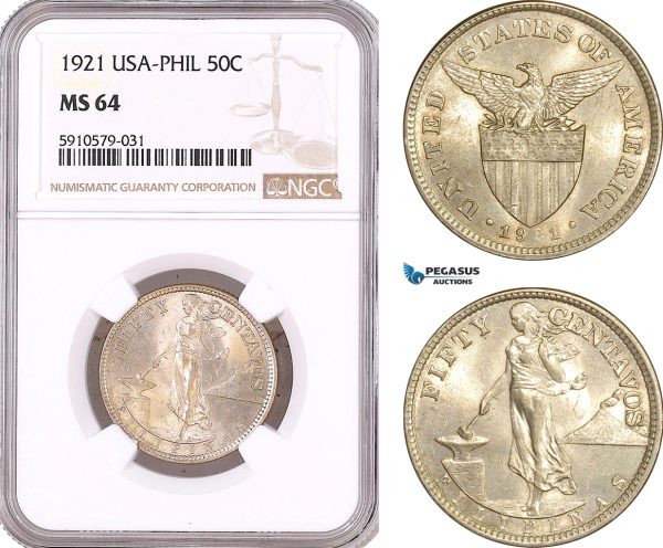 AF988, Philippines (US Administration) 50 Centavos 1921, Silver, NGC MS64