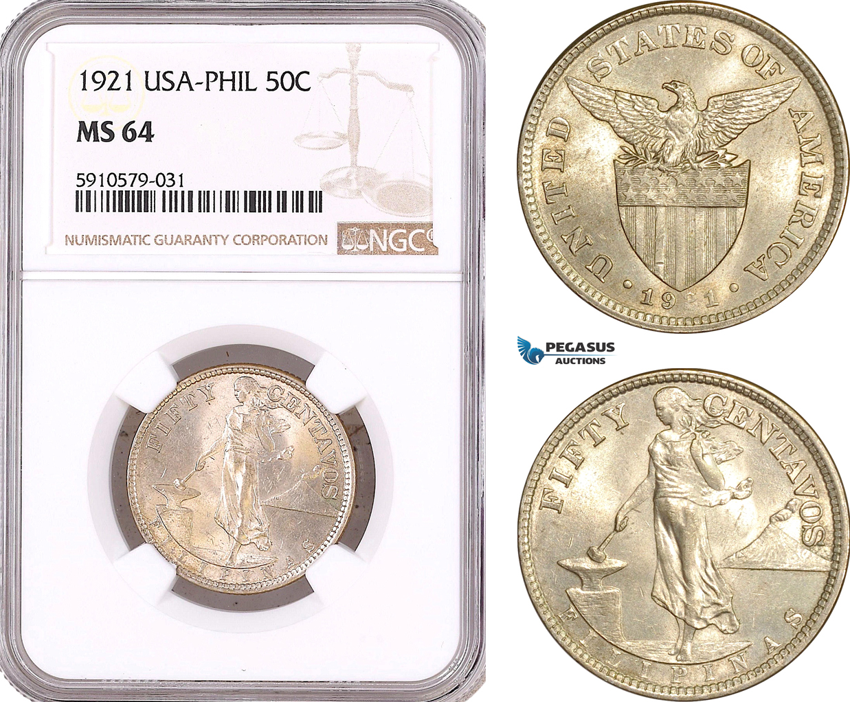 AF988, Philippines (US Administration) 50 Centavos 1921, Silver, NGC MS64