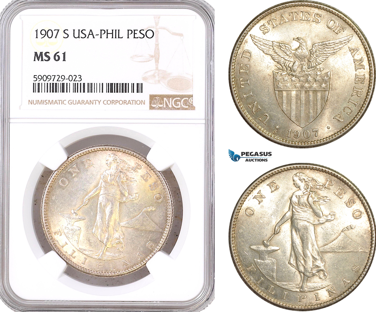 AF989, Philippines (US Administration) Peso 1907-S, San Francisco, Silver, NGC MS61