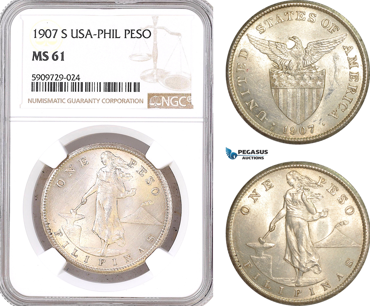 AF990, Philippines (US Administration) Peso 1907-S, San Francisco, Silver, NGC MS61