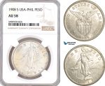 AF991, Philippines (US Administration) Peso 1908-S, San Francisco, Silver, NGC AU58