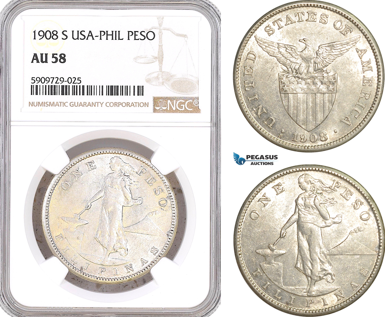 AF991, Philippines (US Administration) Peso 1908-S, San Francisco, Silver, NGC AU58