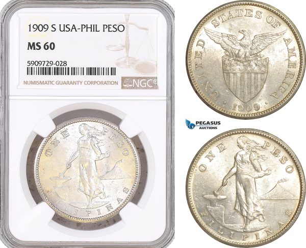 AF992, Philippines (US Administration) Peso 1909-S, San Francisco, Silver, NGC MS60