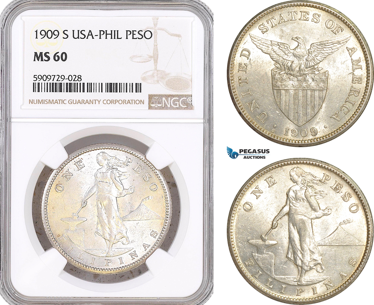 AF992, Philippines (US Administration) Peso 1909-S, San Francisco, Silver, NGC MS60