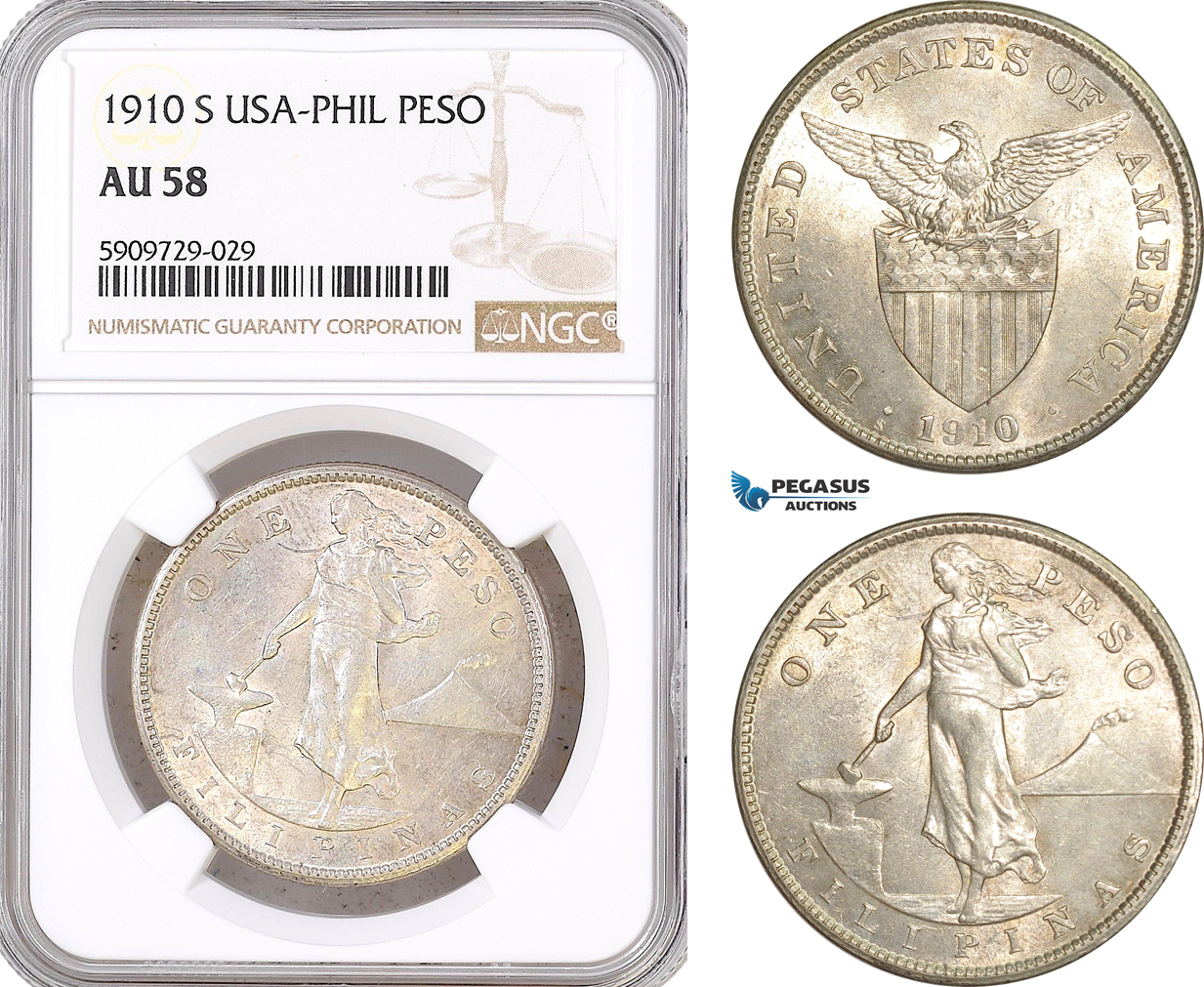 AF993, Philippines (US Administration) Peso 1910-S, San Francisco, Silver, NGC AU58
