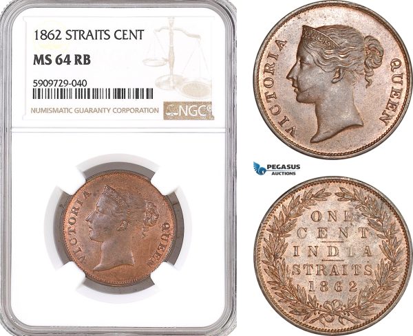 AG016, Straits Settlements, Victoria, 1 Cent 1862, NGC MS64RB, Pop 1/0, Very Rare!