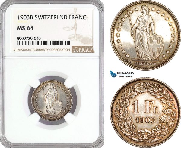 AG020, Switzerland, 1 Franc 1903-B, Bern, Silver, NGC MS64