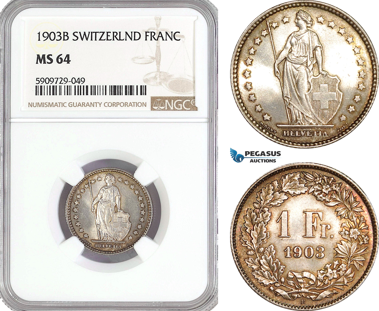 AG020, Switzerland, 1 Franc 1903-B, Bern, Silver, NGC MS64