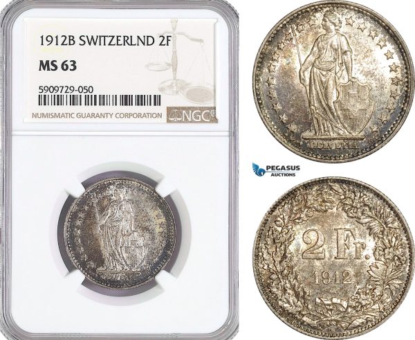 AG021, Switzerland, 2 Francs 1912-B, Bern, Silver, NGC MS63