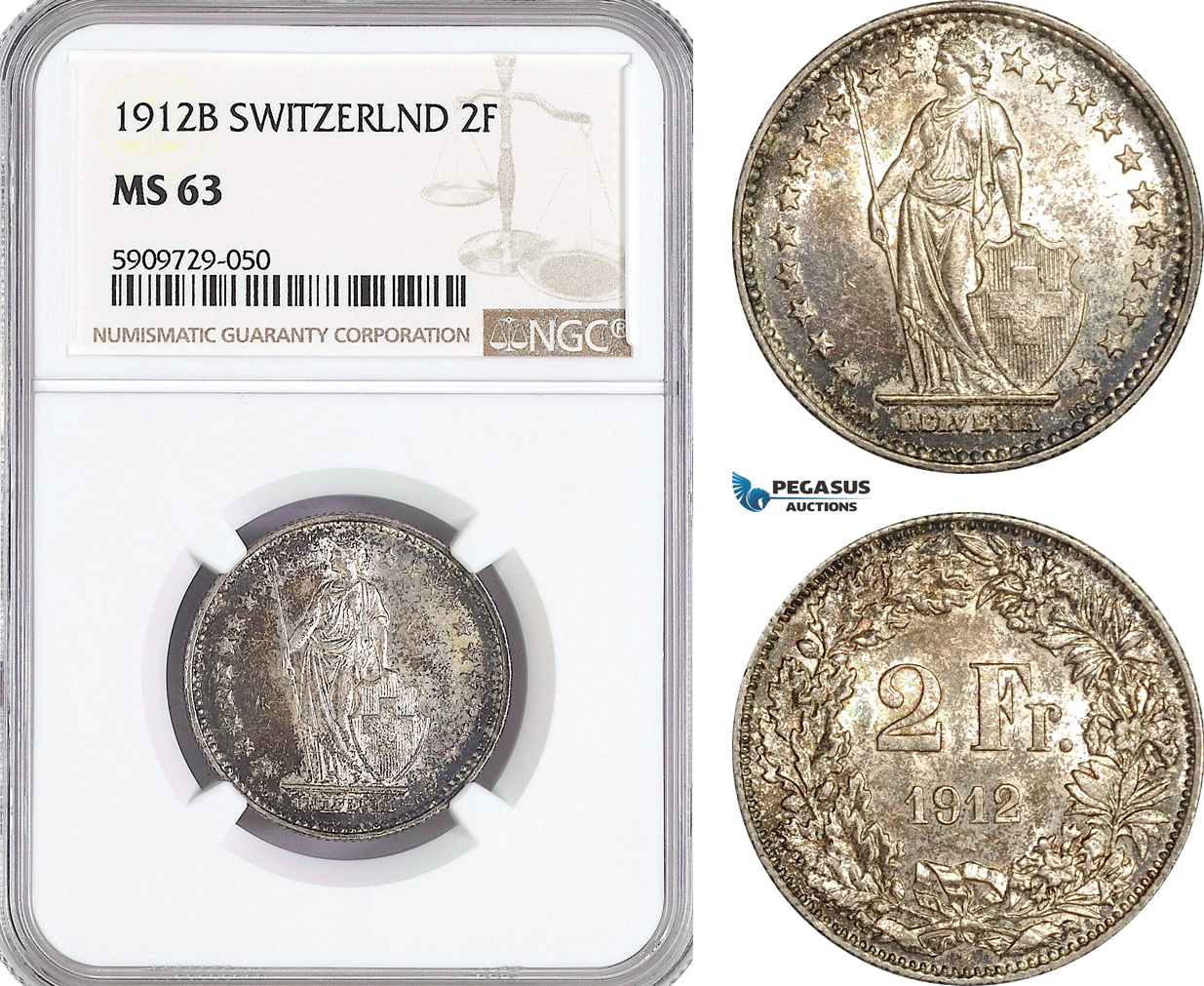 AG021, Switzerland, 2 Francs 1912-B, Bern, Silver, NGC MS63