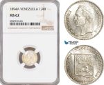AG022, Venezuela, 1/4 Bolivar 1894-A, Paris, Silver, NGC MS62