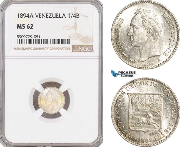 AG022, Venezuela, 1/4 Bolivar 1894-A, Paris, Silver, NGC MS62