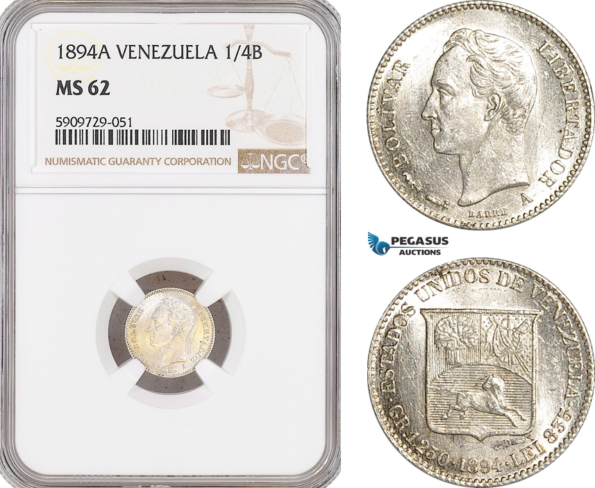 AG022, Venezuela, 1/4 Bolivar 1894-A, Paris, Silver, NGC MS62