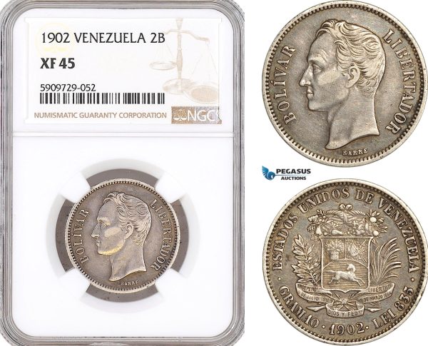 AG023, Venezuela, 2 Bolivares 1902, Silver, NGC XF45