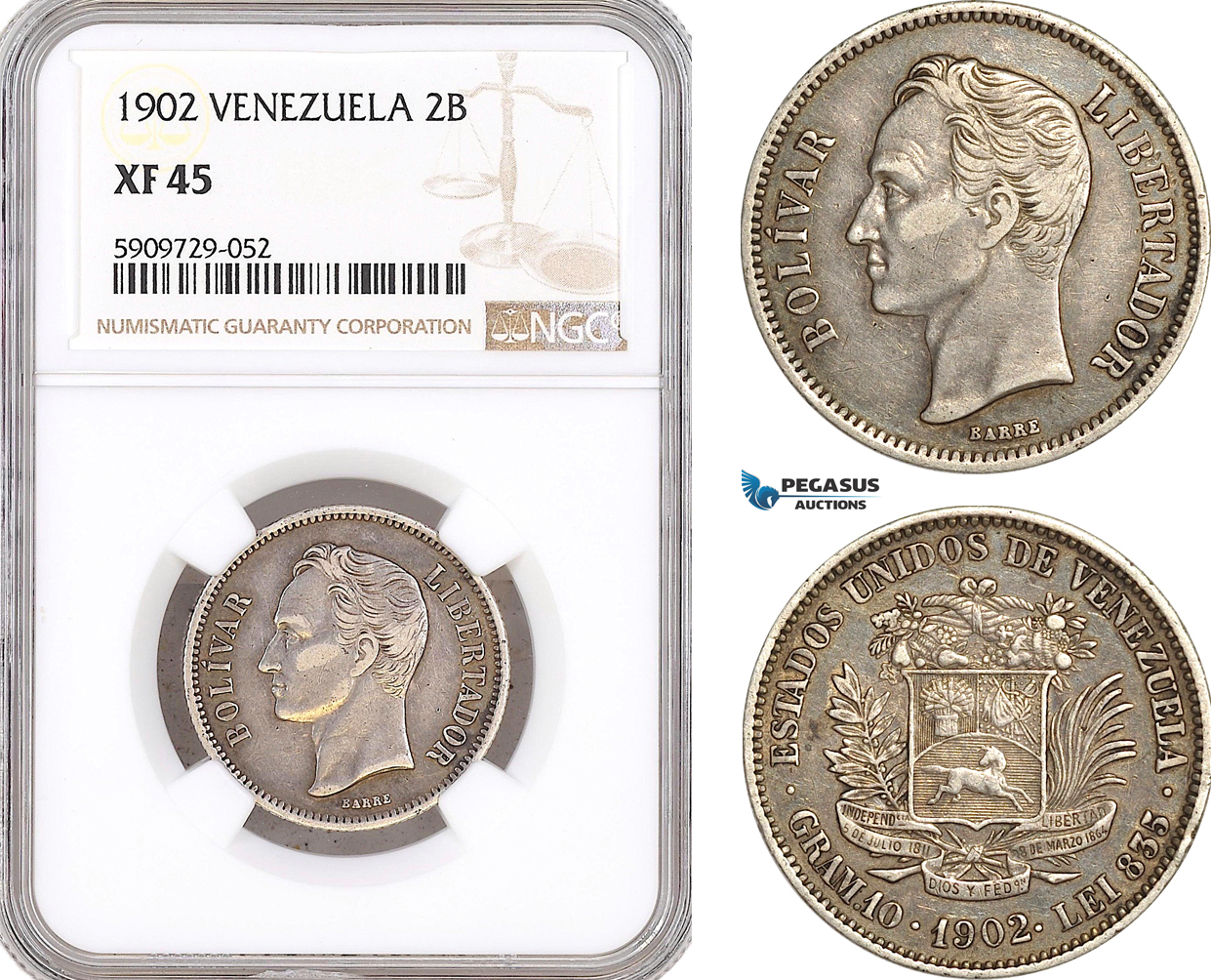 AG023, Venezuela, 2 Bolivares 1902, Silver, NGC XF45