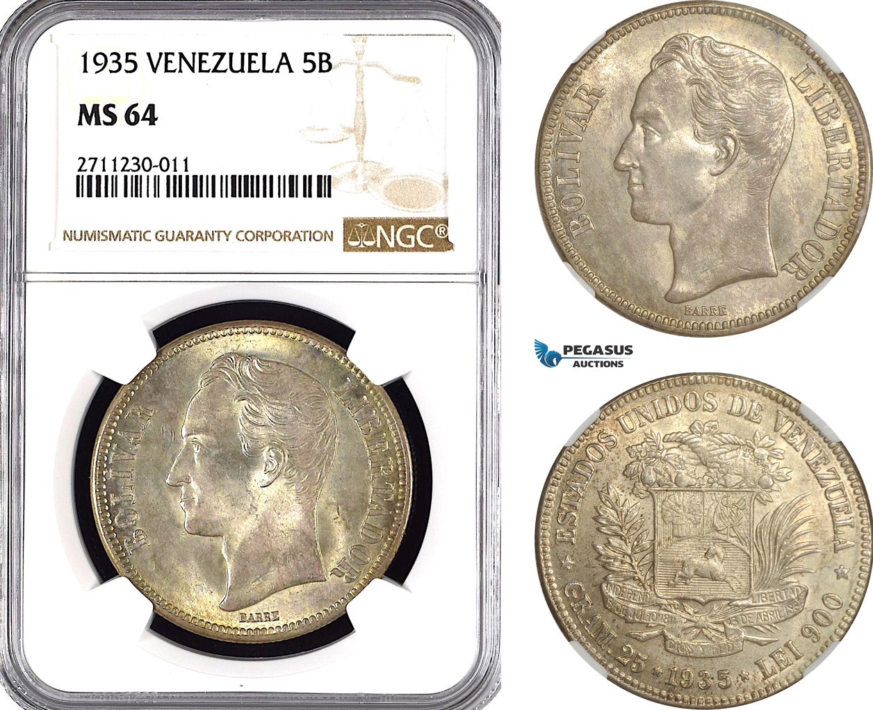 AG024, Venezuela, 5 Bolivares 1935, Silver, NGC MS64