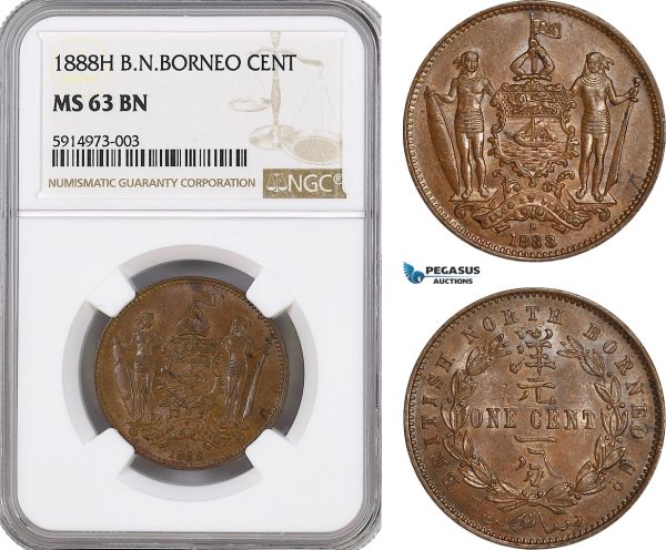 AG026, British North Borneo, 1 Cent 1888-H, Heaton, NGC MS63BN