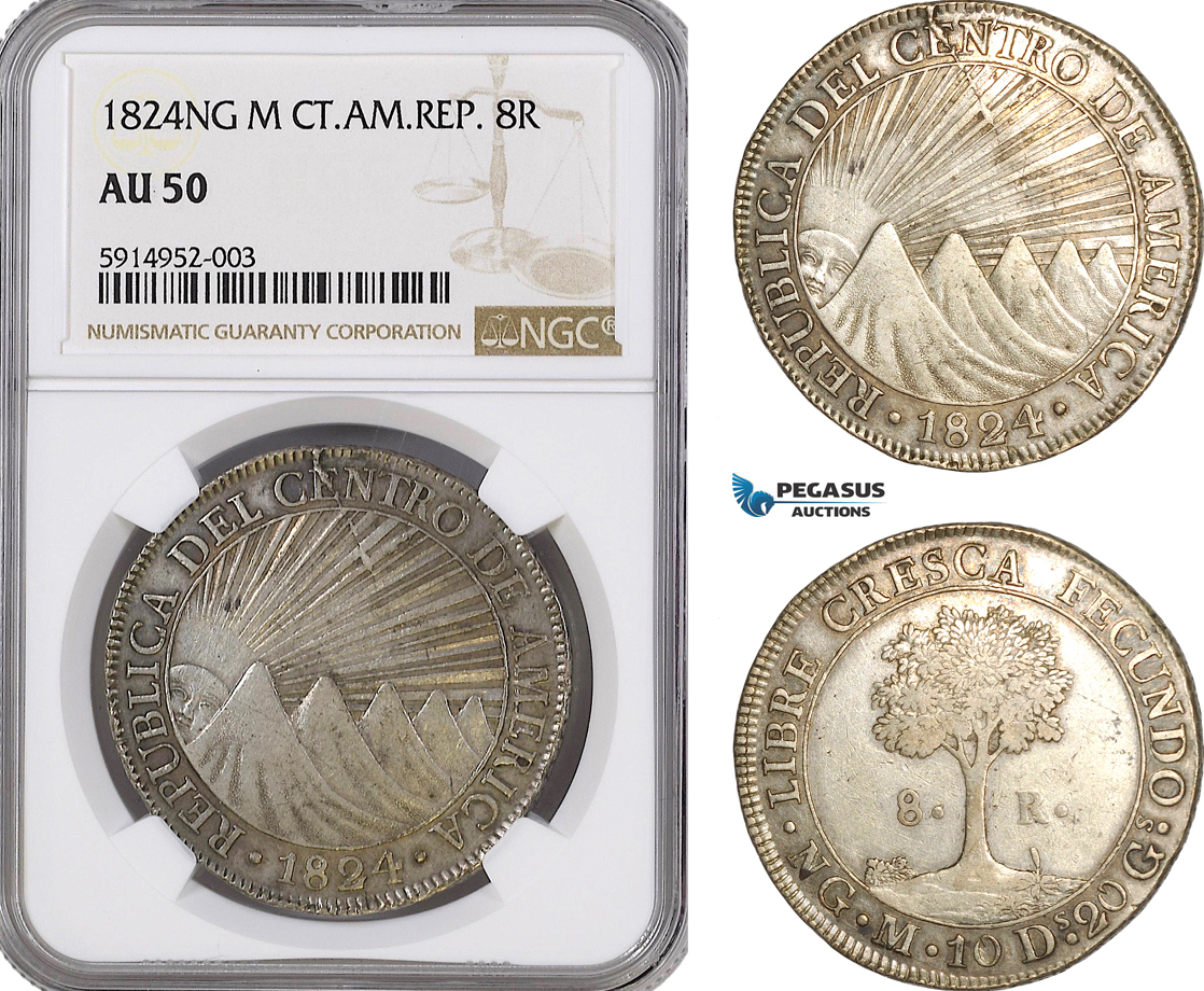 AG034, Central American Republic, Guatemala, 8 Reales 1824 NG M, Nueva Guatemala, Silver, NGC AU50