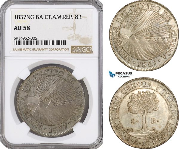 AG035, Central American Republic, Guatemala, 8 Reales 1837 NG M, Nueva Guatemala, Silver, NGC AU58