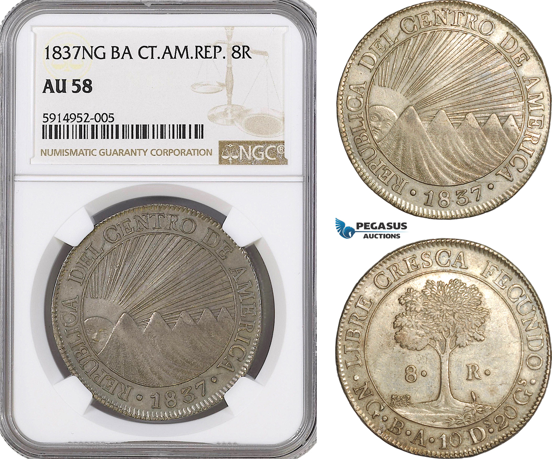 AG035, Central American Republic, Guatemala, 8 Reales 1837 NG M, Nueva Guatemala, Silver, NGC AU58