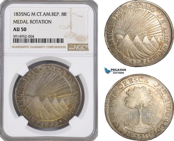 AG036, Central American Republic, Guatemala, 8 Reales 1835 NG M, Nueva Guatemala, Medal Rotation, Silver, NGC AU50