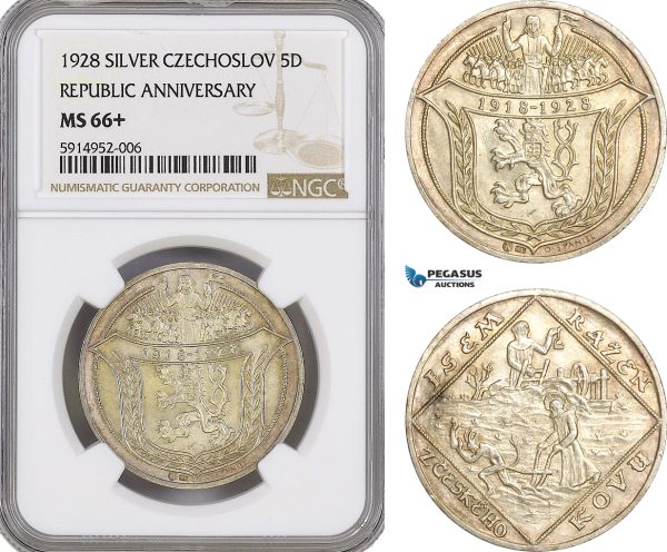 AG037, Czechoslovakia, 5 Ducats 1928, 10th Anniversary of Czechoslovakia, Silver, NGC MS66+ Pop 1/0