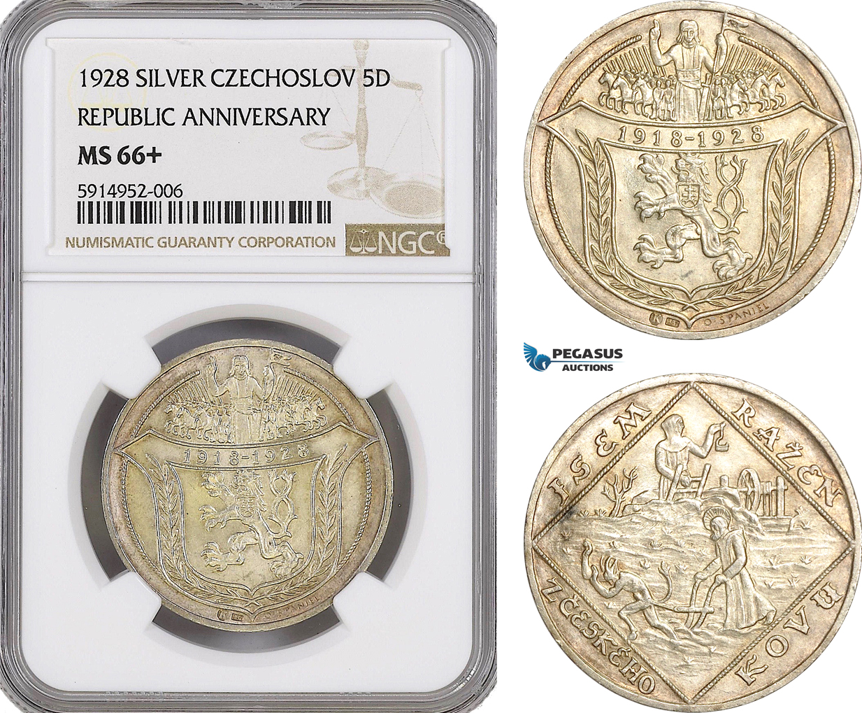 AG037, Czechoslovakia, 5 Ducats 1928, 10th Anniversary of Czechoslovakia, Silver, NGC MS66+ Pop 1/0