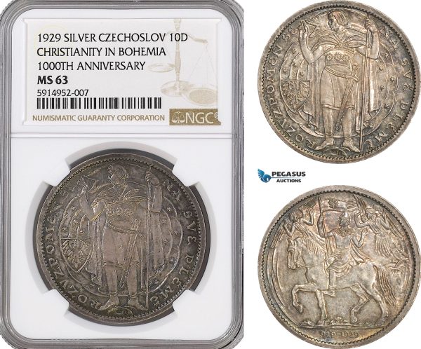 AG038, Czechoslovakia, 10 Ducats 1929, 1000 years of Christianity in Bohemia, Silver, NGC MS63