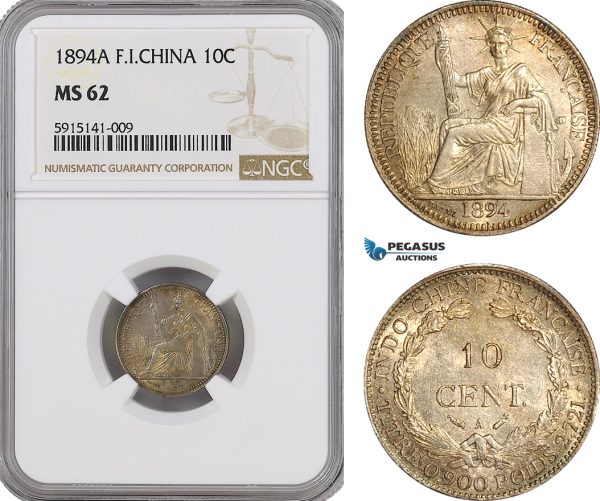 AG049, French Indo-China, 10 Centimes 1894-A, Paris, Silver, NGC, NGC MS62