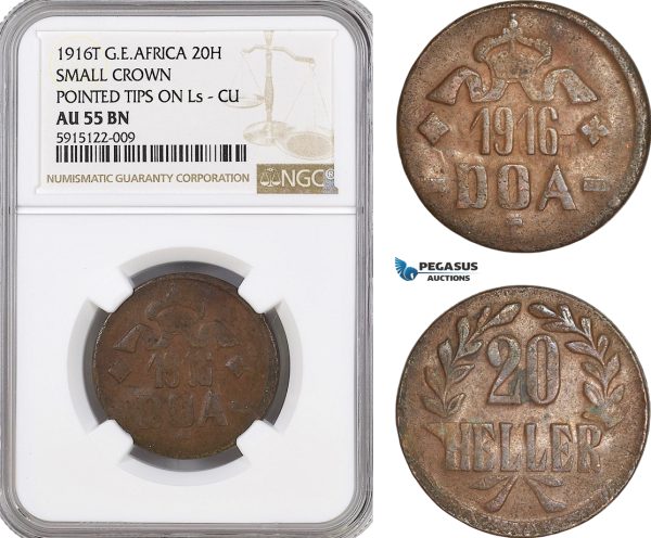 AG054, German East Africa (DOA) 20 Heller 1916-T, Tabora, Small Crown, Pointed Tips on Ls, NGC AU55BN