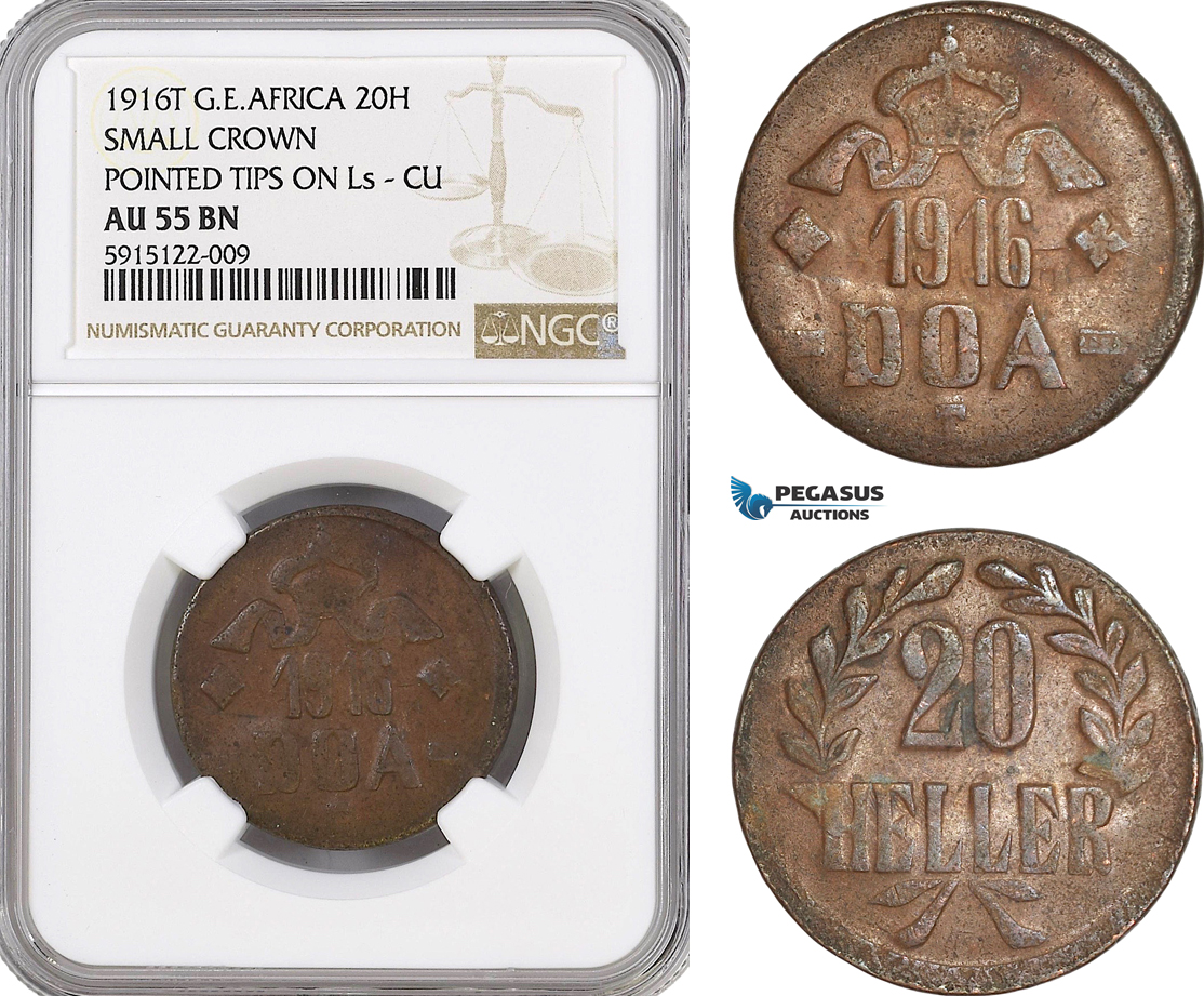AG054, German East Africa (DOA) 20 Heller 1916-T, Tabora, Small Crown, Pointed Tips on Ls, NGC AU55BN