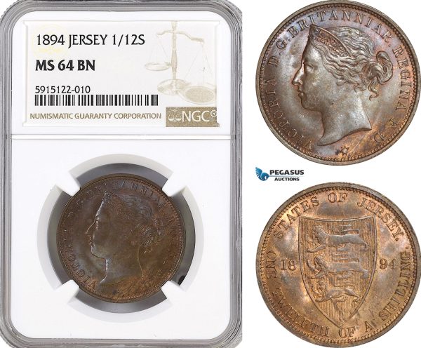 AG059, Jersey, Victoria, 1/12 Shilling 1894, NGC MS64BN