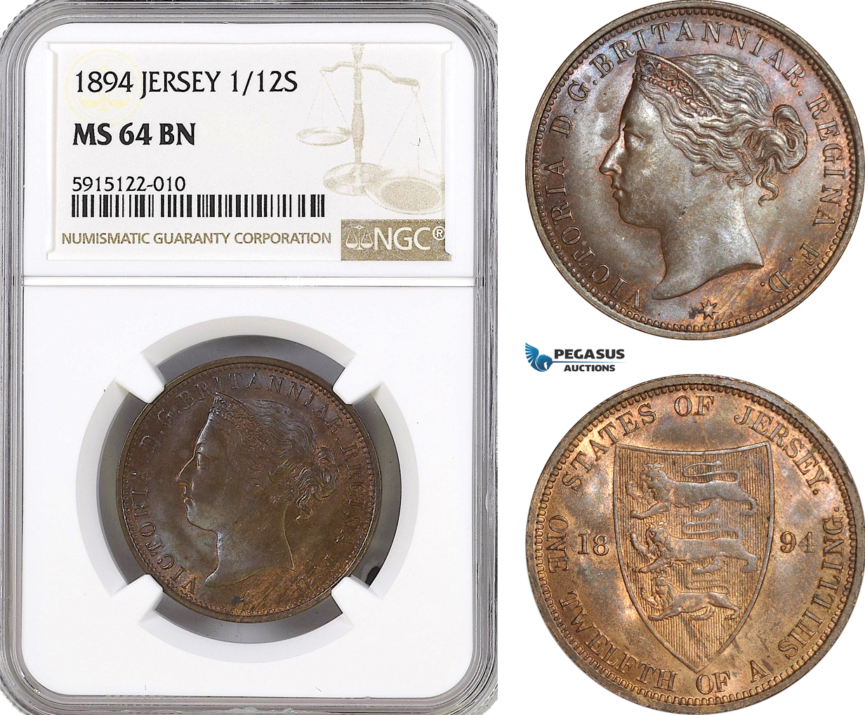 AG059, Jersey, Victoria, 1/12 Shilling 1894, NGC MS64BN