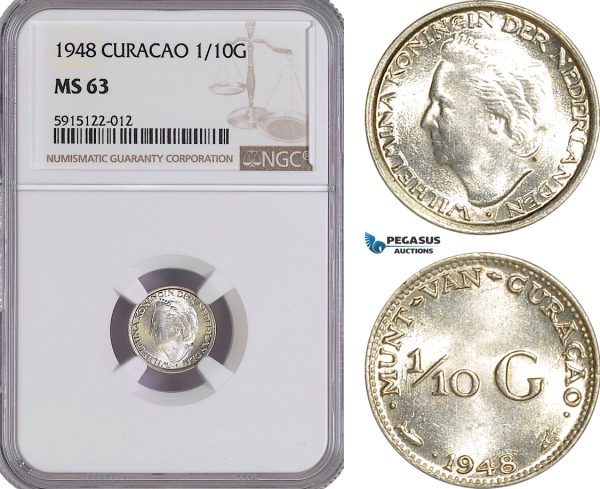 AG065, Netherlands Antilles, Curacao, 1/10 Gulden 1948, Silver, NGC MS63