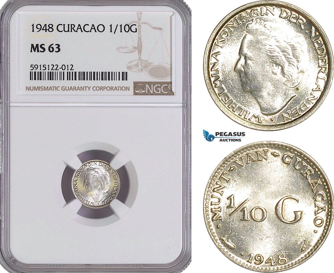 AG065, Netherlands Antilles, Curacao, 1/10 Gulden 1948, Silver, NGC MS63