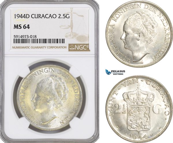 AG066, Netherlands Antilles, Curacao, 2 1/2 Gulden 1944-D, Denver, Silver, NGC MS64