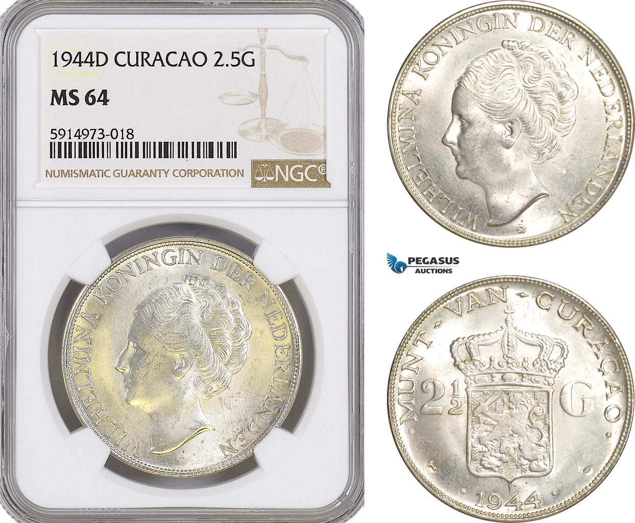 AG066, Netherlands Antilles, Curacao, 2 1/2 Gulden 1944-D, Denver, Silver, NGC MS64