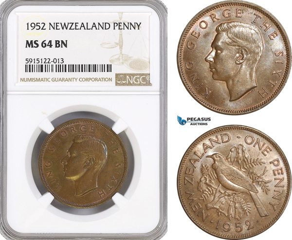 AG073, New Zealand, 1 Penny 1952, NGC MS64BN
