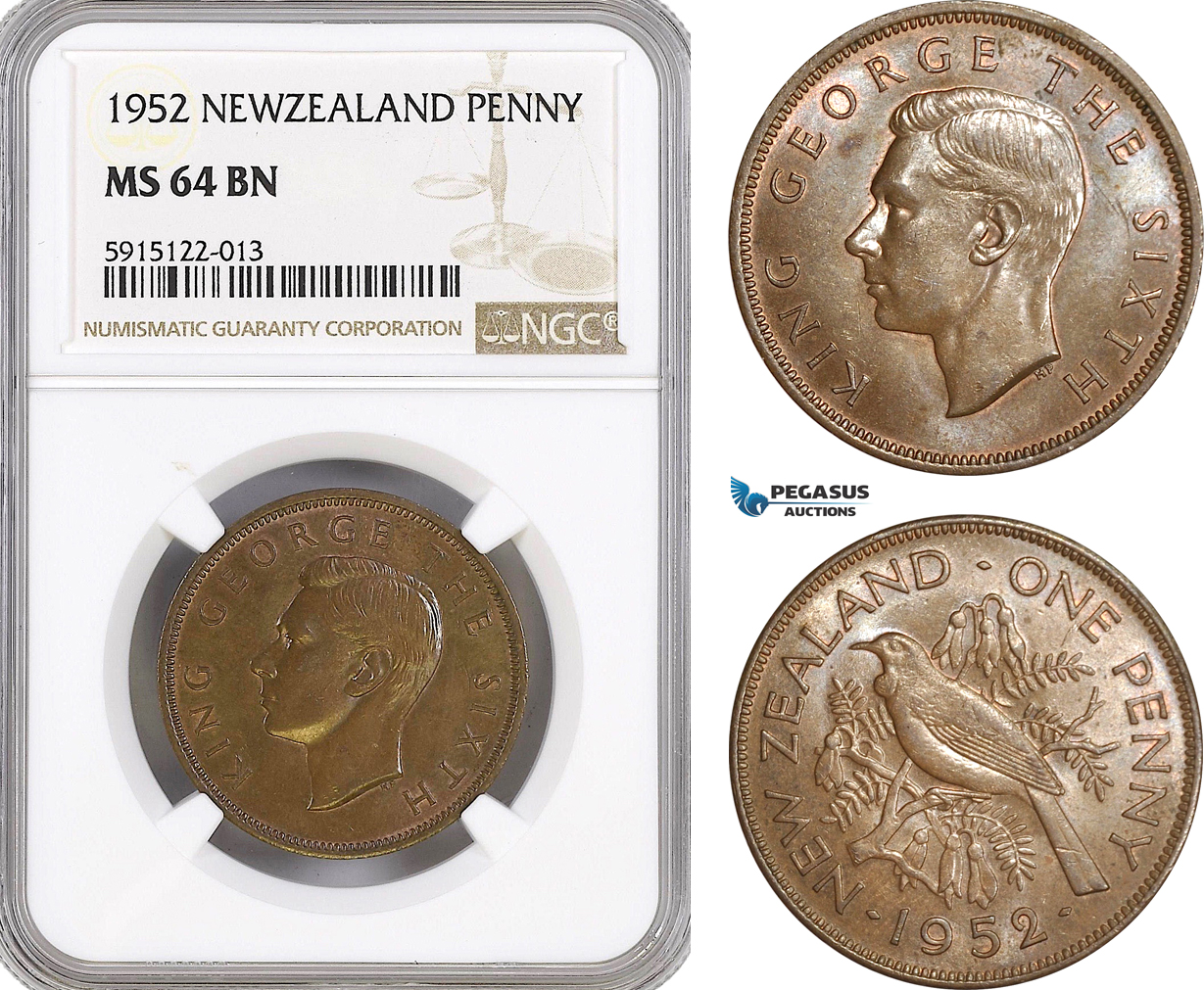 AG073, New Zealand, 1 Penny 1952, NGC MS64BN