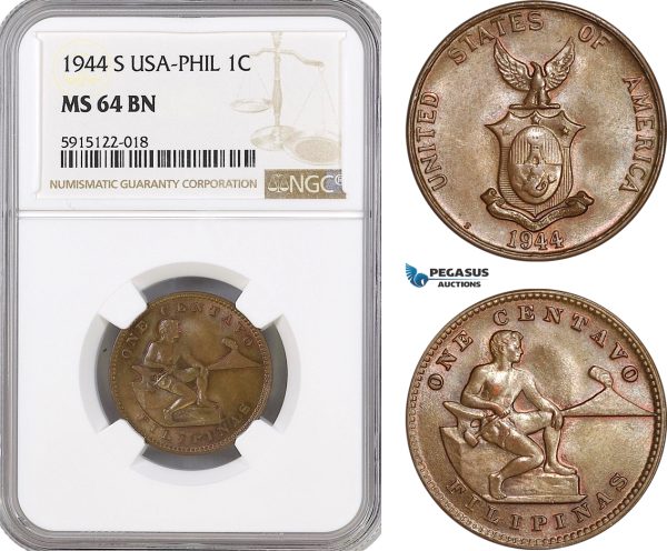 AG078, Philippines (US Administration) 1 Centavo 1944-S, San Francisco, NGC MS64BN