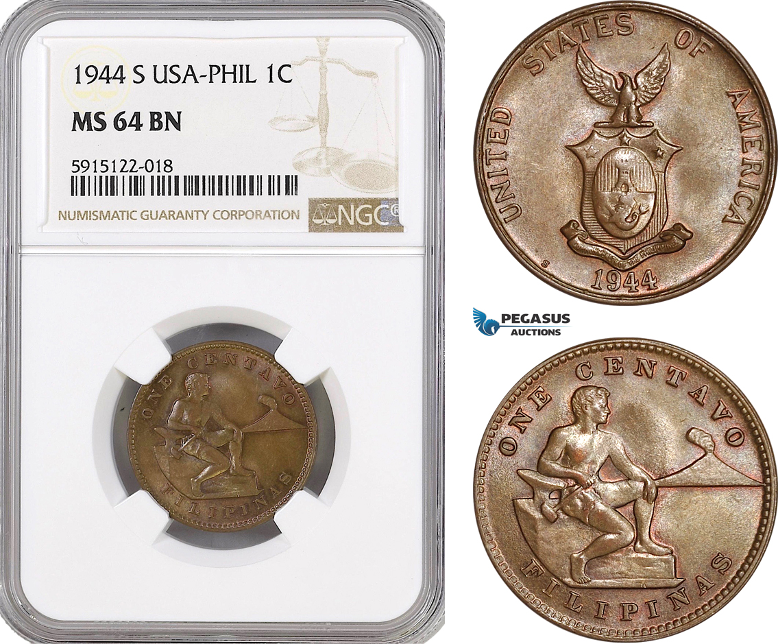 AG078, Philippines (US Administration) 1 Centavo 1944-S, San Francisco, NGC MS64BN