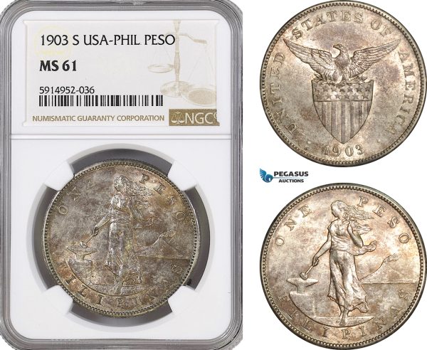AG079, Philippines (US Administration) Peso 1903-S, San Francisco, Silver, NGC MS61