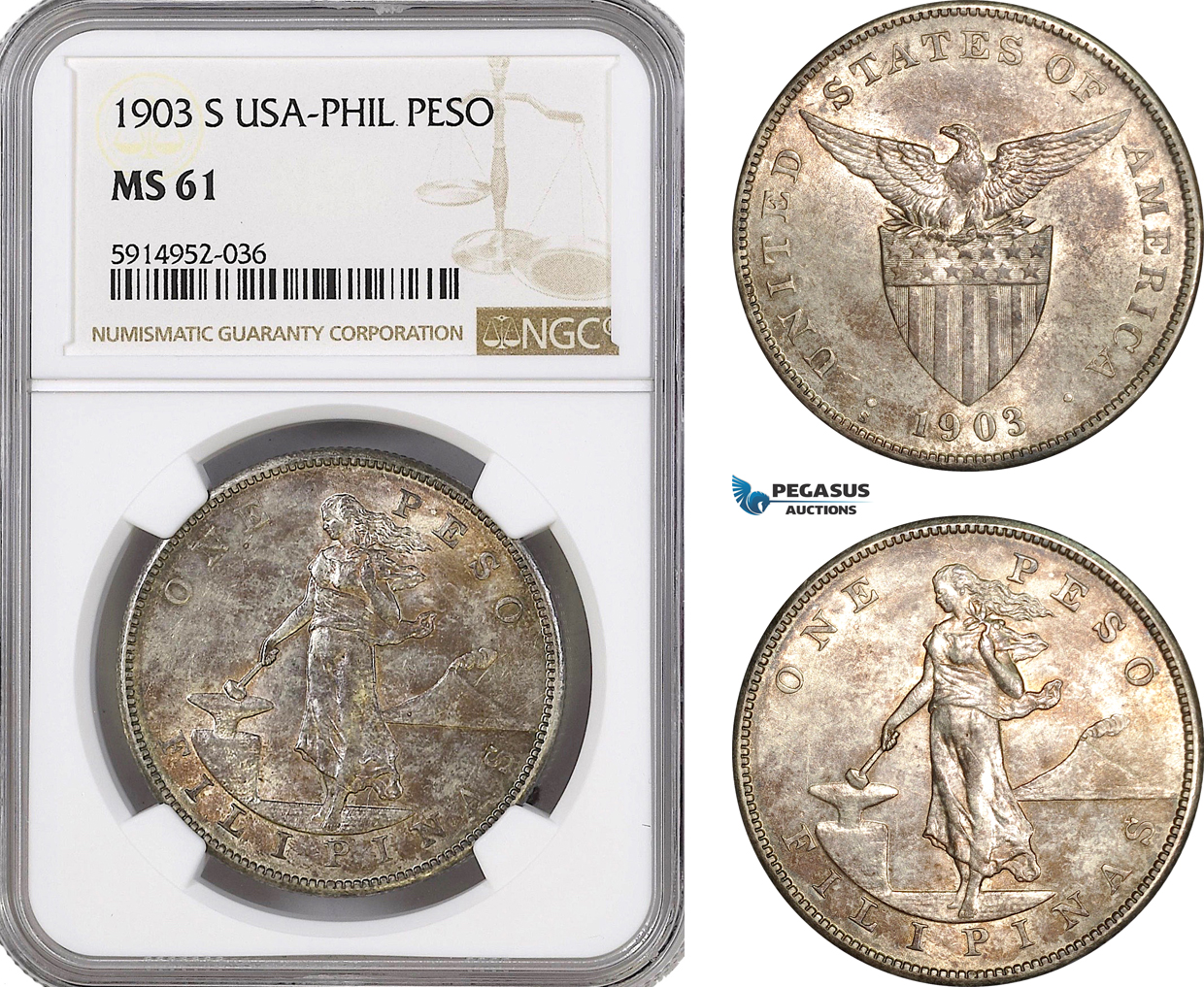 AG079, Philippines (US Administration) Peso 1903-S, San Francisco, Silver, NGC MS61