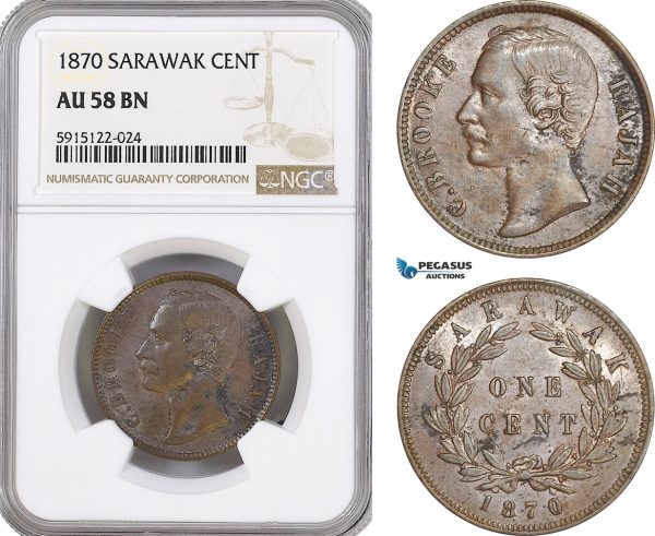 AG095, Sarawak, C. Brooke Rajah, 1 Cent 1870, NGC AU58BN
